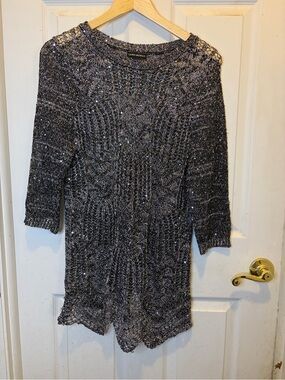 Lauren Michelle Metallic Charcoal Open-Knit Tunic with Sequin Detail